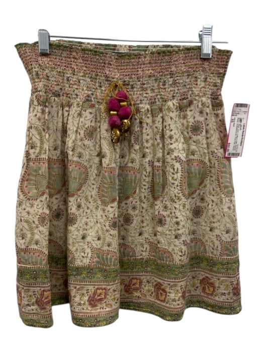 Alicia Bell Size XS green, beige, pink Cotton & Silk Shirred Waist Pom Pom Skirt green, beige, pink / XS
