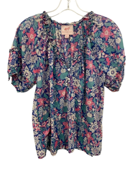 Banjanan Size S Blue, Beige, Pink Cotton Floral Short Sleeve Quarter Button Top Blue, Beige, Pink / S