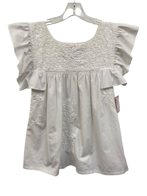 Mi Golondrina Size S White Cotton Embroidered A Line Flutter Cap Sleeve Top White / S