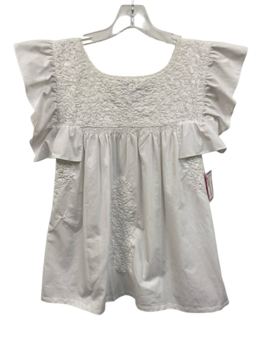 Mi Golondrina Size S White Cotton Embroidered A Line Flutter Cap Sleeve Top White / S