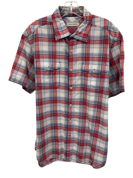 James Campbell Size L White & Red Cotton Blend Plaid Button Up Short Sleeve White & Red / L