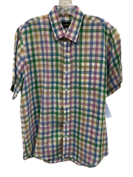 Neiman Marcus Like New Size M White & Multi Linen Plaid Button Up Short Sleeve White & Multi / M