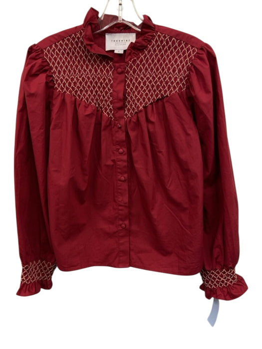 The Shirt Rochelle Behrens Size Small Red Pink Cotton Long Sleeve Shirred Top Red Pink / Small