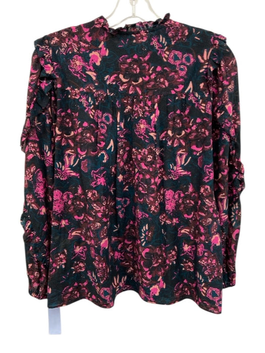 Ulla Johnson Size 6 Teal & Pink Cotton Blend Long Sleeve Floral Ruffles Top Teal & Pink / 6