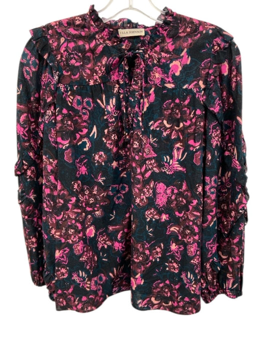 Ulla Johnson Size 6 Teal & Pink Cotton Blend Long Sleeve Floral Ruffles Top Teal & Pink / 6