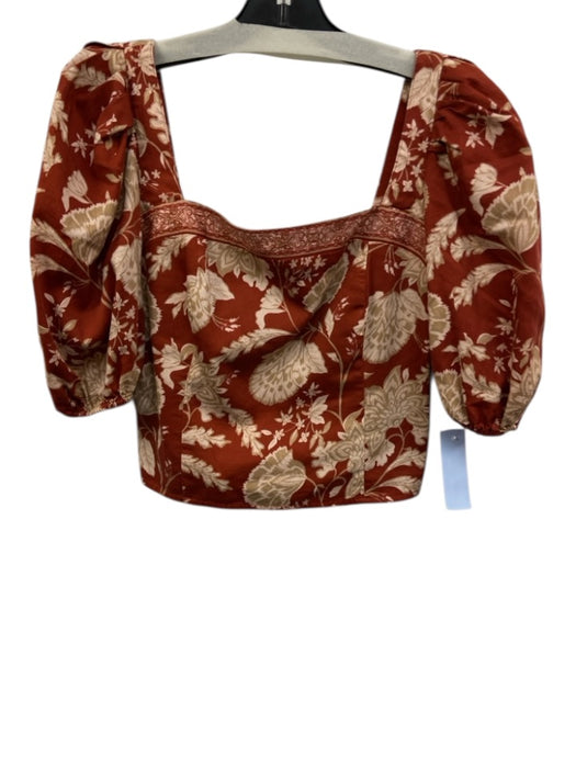 Antonio Melani Size 2/4 Rust & Beige Cotton Half Puff Sleeve Floral Skirt Set Rust & Beige / 2/4