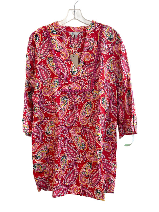 Boden Size 14 Red & Multi Linen V Neck 3/4 Sleeve Above knee Paisley Dress Red & Multi / 14