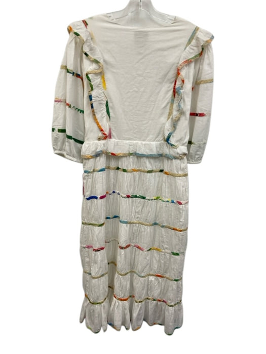 Farm Rio Size L White, Beige, Multi Cotton Puff 1/2 Sleeve Ribbon Stripe Dress White, Beige, Multi / L