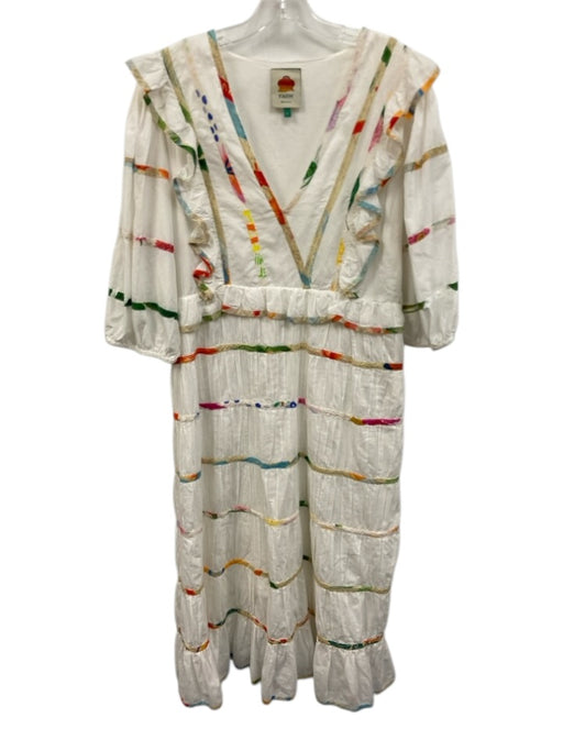 Farm Rio Size L White, Beige, Multi Cotton Puff 1/2 Sleeve Ribbon Stripe Dress White, Beige, Multi / L