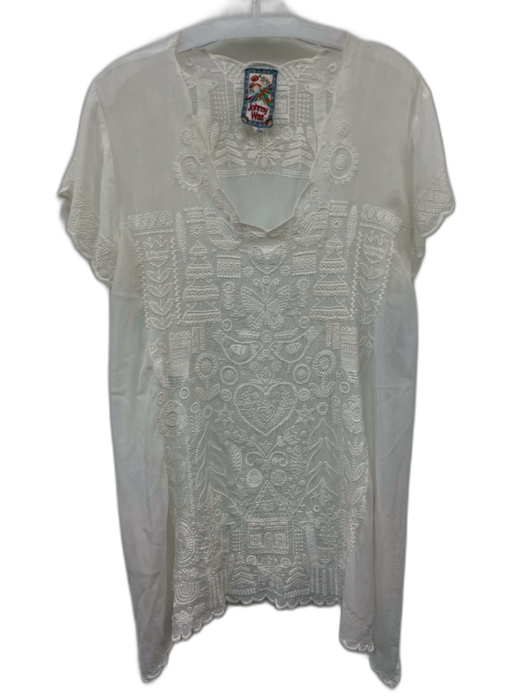 Johnny Was Size M White Cupra Rayon Short Sleeve Embroidered Design V Neck Top White / M