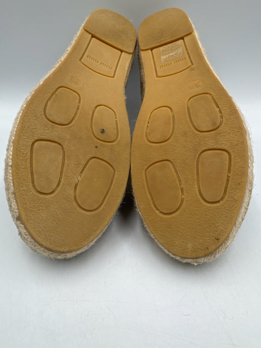 Miu Miu Shoe Size 38 Taupe & Beige Suede Crystal Embellished Detail Flats