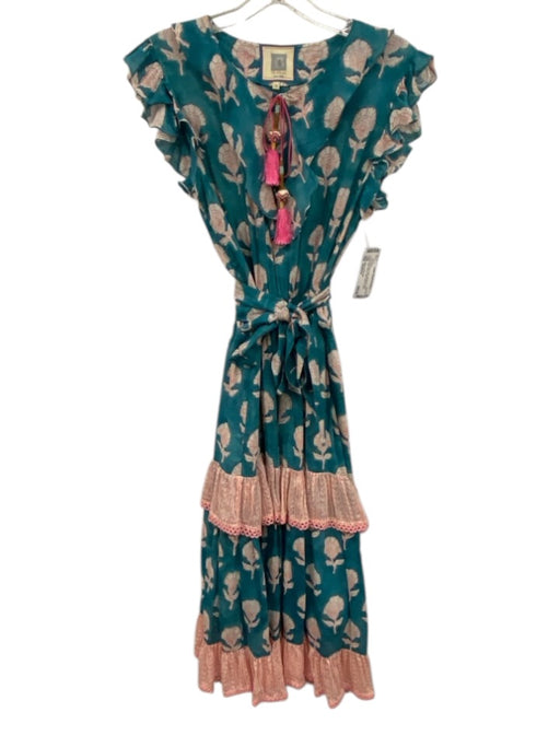 Bell by Alicia Bell Size Medium Teal, White, Pink Silk Blend Floral Midi Dress Teal, White, Pink / Medium