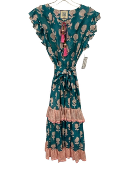 Bell by Alicia Bell Size Medium Teal, White, Pink Silk Blend Floral Midi Dress Teal, White, Pink / Medium