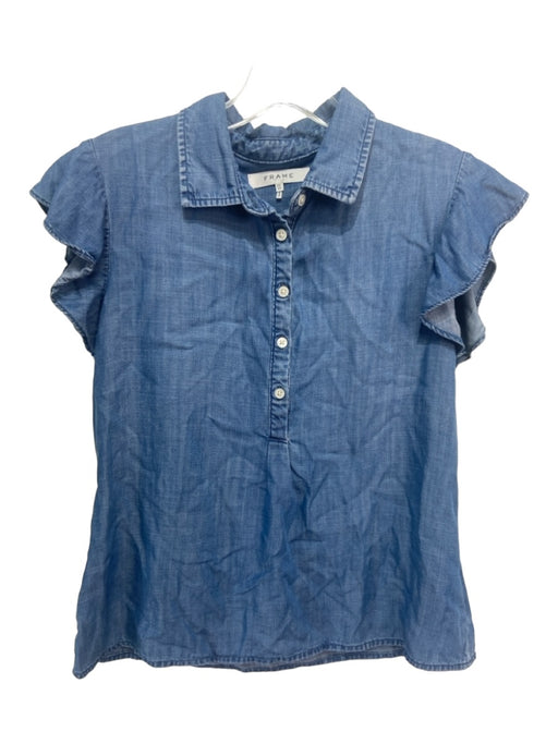 Frame Size XS Blue Chambray Button Front Collar Short Sleeve Top Blue / XS