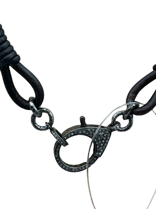 Brown & Silver Tone Leather Cord Raw Diamond Encrusted Lobster Clasp Necklace Brown & Silver Tone
