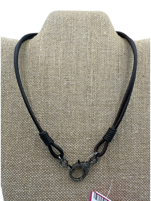 Brown & Silver Tone Leather Cord Raw Diamond Encrusted Lobster Clasp Necklace Brown & Silver Tone