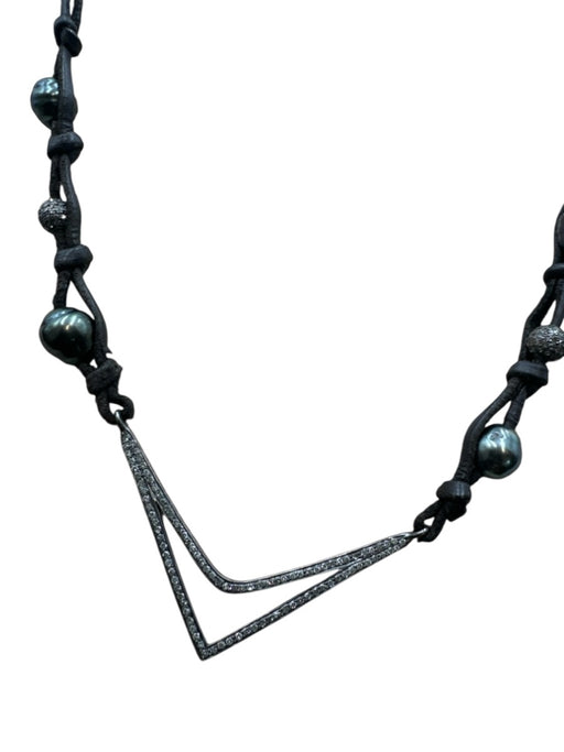 Brown & Gunmetal Leather Cord Raw Diamond Freshwater Pearl Hook Clasp Necklace Brown & Gunmetal