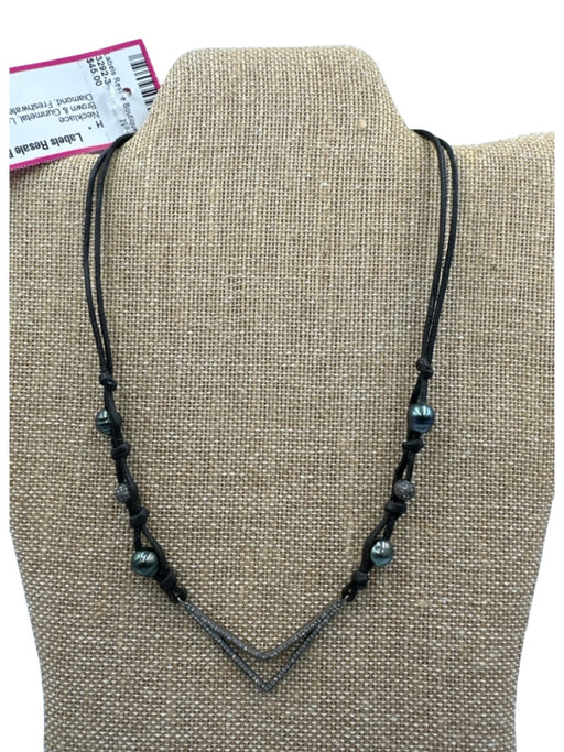Brown & Gunmetal Leather Cord Raw Diamond Freshwater Pearl Hook Clasp Necklace Brown & Gunmetal