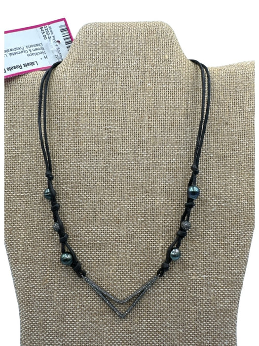 Brown & Gunmetal Leather Cord Raw Diamond Freshwater Pearl Hook Clasp Necklace Brown & Gunmetal