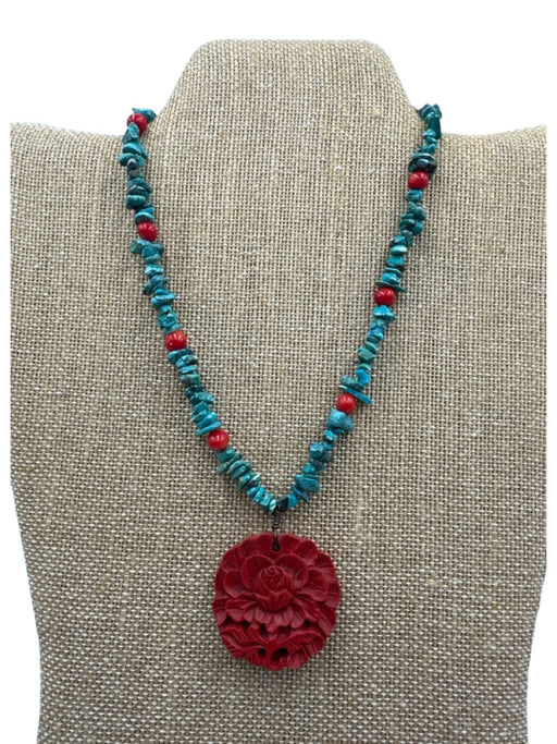 Red & Turquoise Beaded Shard Floral Pendant Toggle Clasp Necklace Red & Turquoise
