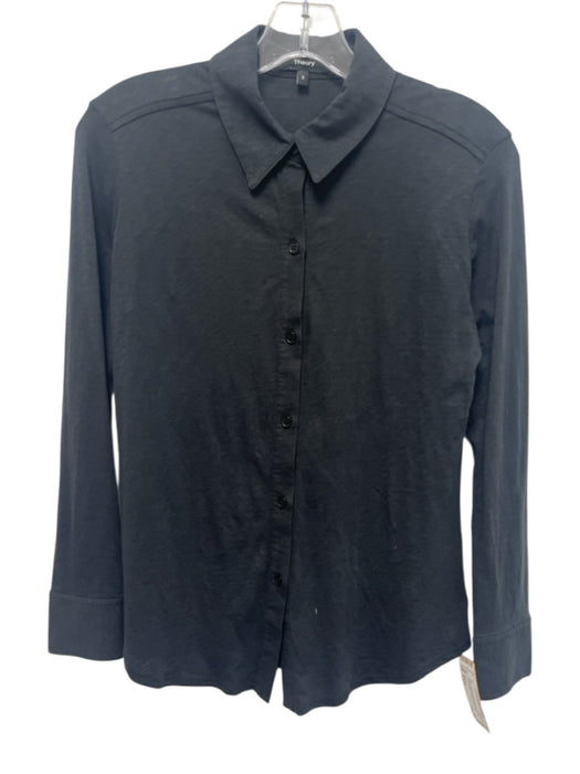 Theory Size Small Black Cotton Long Sleeve Button Front Collar Top Black / Small