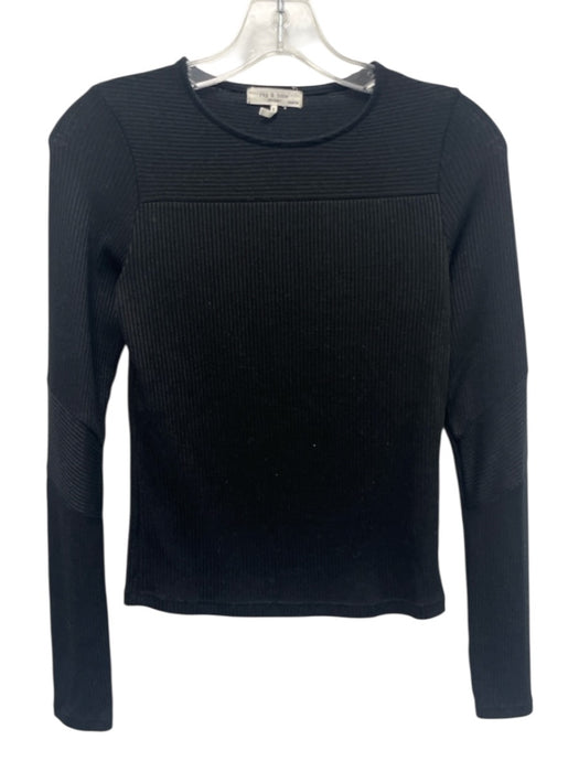 Rag & Bone Size XXS Black Rayon & Polyester Long Sleeve Rib Knit Crew Neck Top Black / XXS