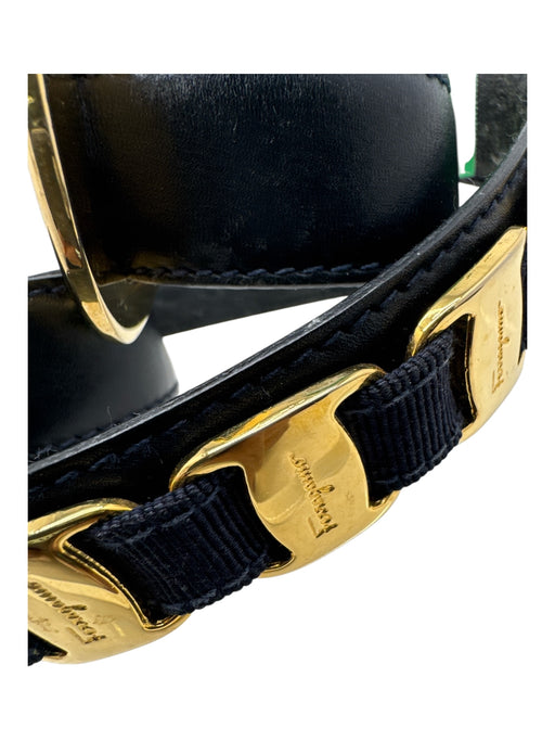 Salvatore Ferragamo Navy blue & gold Leather Gold hardware Logo Thin Belts Navy blue & gold / XS