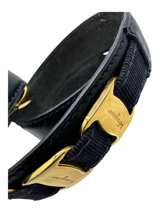 Salvatore Ferragamo Navy blue & gold Leather Gold hardware Logo Thin Belts Navy blue & gold / XS