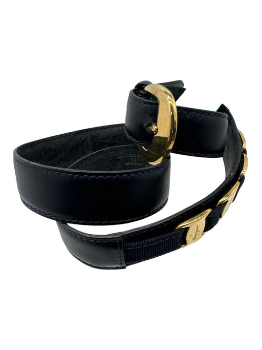 Salvatore Ferragamo Navy blue & gold Leather Gold hardware Logo Thin Belts Navy blue & gold / XS
