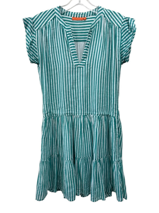 Oliphant Size S Teal & White Cotton Striped Mini V Neck Cap Sleeve Dress Teal & White / S
