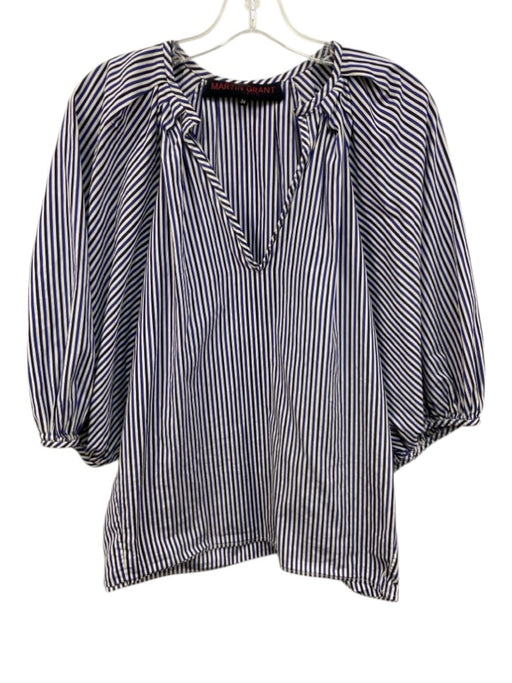Martin Grant Size 34 White & Blue Cotton Striped 3/4 Balloon Sleeve V Neck Top White & Blue / 34
