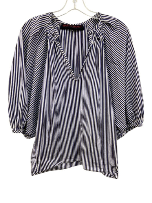 Martin Grant Size 34 White & Blue Cotton Striped 3/4 Balloon Sleeve V Neck Top White & Blue / 34
