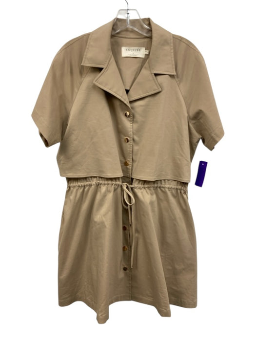 Exquise Size S Khaki Beige Cotton Blend Short Sleeve Snap Button Front Dress Khaki Beige / S