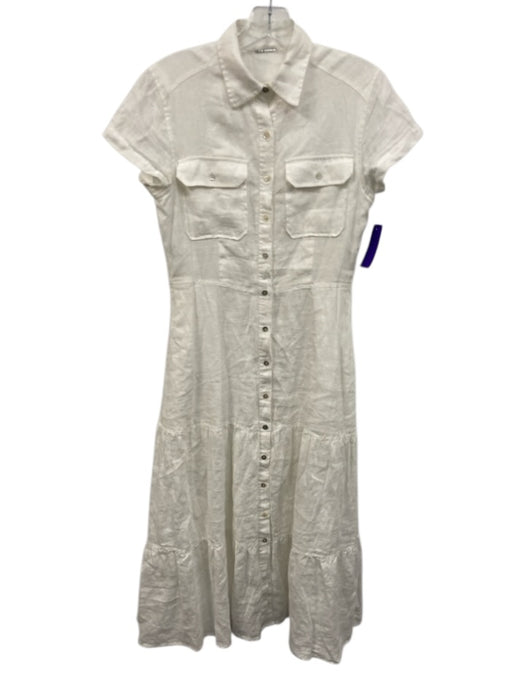 Elie Tahari Size 4 White Linen Short Sleeve Button Front Breast Pockets Dress White / 4
