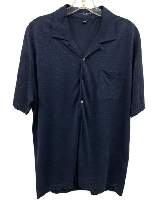 Peter Millar Size M Navy Blue Linen Heathered Short Sleeve Button Up Polo Top Navy Blue / M