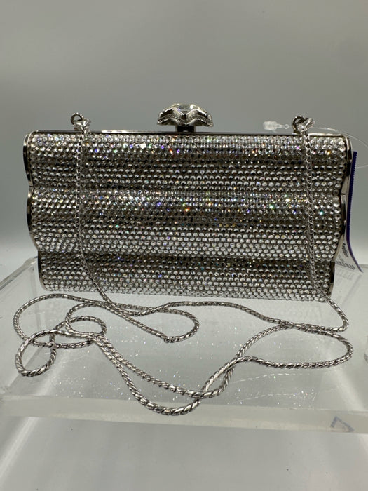 Judith Leiber Silver Rhinestone Push Clasp Bedazzled Clutch Shoulder Bag