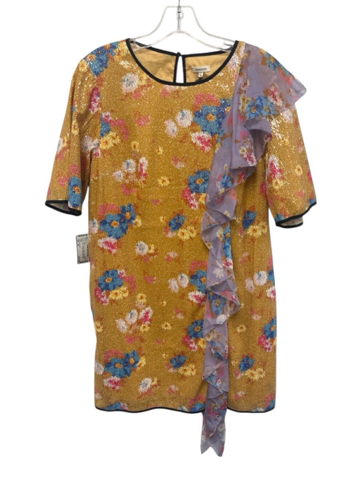 Manoush Size 40 Yellow & Multi Polyester Short Sleeve Sequin Ruffle Floral Dress Yellow & Multi / 40