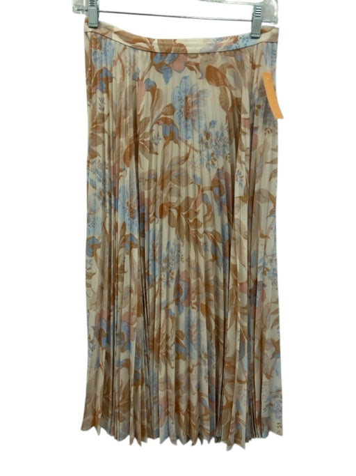 Vince Size 2 Cream, Orange, Blue Polyester Pleated Floral Side Zip Midi Skirt Cream, Orange, Blue / 2