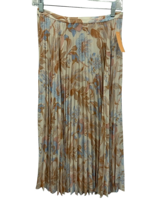Vince Size 2 Cream, Orange, Blue Polyester Pleated Floral Side Zip Midi Skirt Cream, Orange, Blue / 2