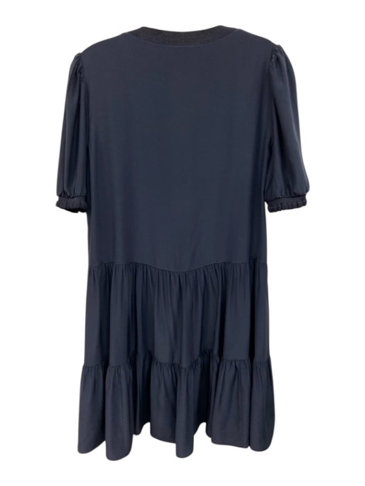 Cinq a Sept Size S Navy Silk Short Balloon Sleeve Ribbed Neck V Neck Dress Navy / S