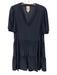Cinq a Sept Size S Navy Silk Short Balloon Sleeve Ribbed Neck V Neck Dress Navy / S
