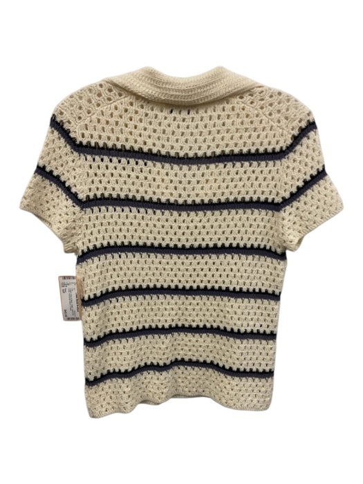 Vince Size S/P Cream, Gray & Black Cotton Open Knit Collar Horizontal Stripe Top Cream, Gray & Black / S/P