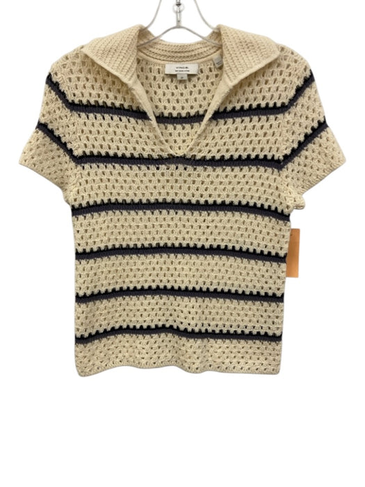 Vince Size S/P Cream, Gray & Black Cotton Open Knit Collar Horizontal Stripe Top Cream, Gray & Black / S/P