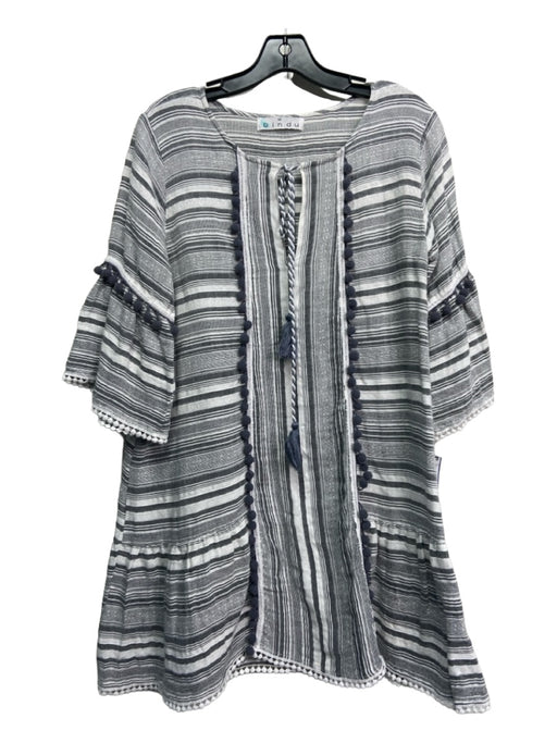 Bindu Size M Gray & White Cotton Tassles Long Sleeve Stripes Ball Dress Gray & White / M