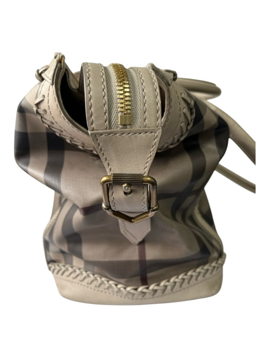 Burberry Taupe & Black Calf Leather Coated Canvas Tartan Plaid Whipstitch Bag Taupe & Black / L