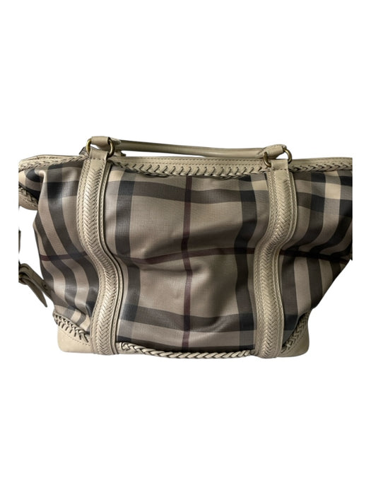 Burberry Taupe & Black Calf Leather Coated Canvas Tartan Plaid Whipstitch Bag Taupe & Black / L