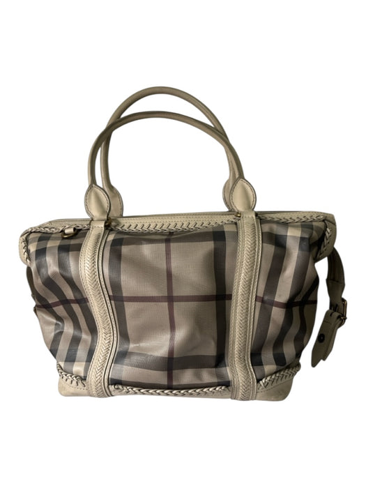 Burberry Taupe & Black Calf Leather Coated Canvas Tartan Plaid Whipstitch Bag Taupe & Black / L