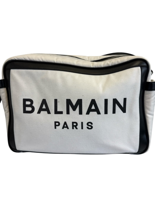 Balmain White & Black Canvas & Leather Zipper Crossbody Strap Bag White & Black