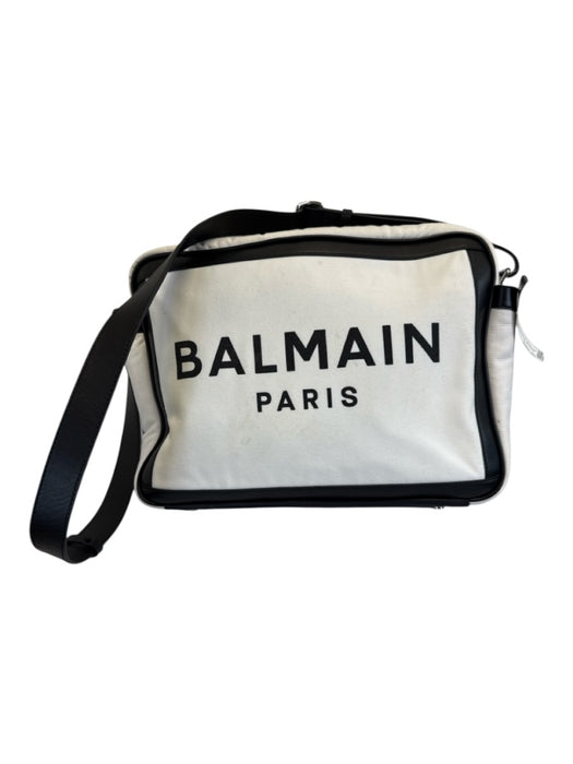 Balmain White & Black Canvas & Leather Zipper Crossbody Strap Bag White & Black