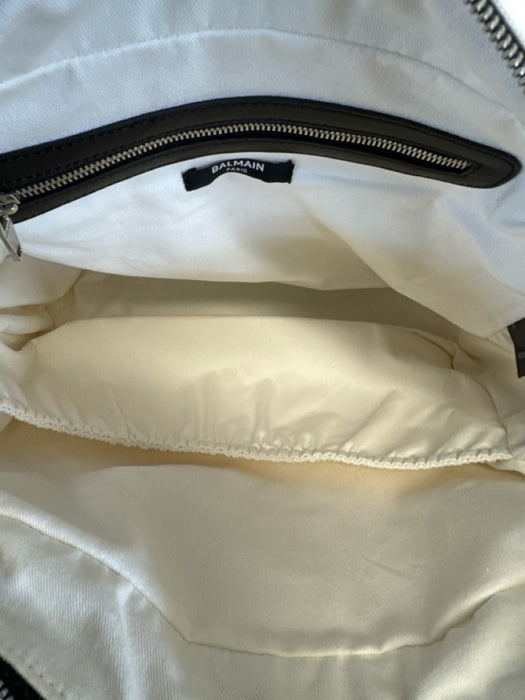 Balmain White & Black Canvas & Leather Zipper Crossbody Strap Bag White & Black
